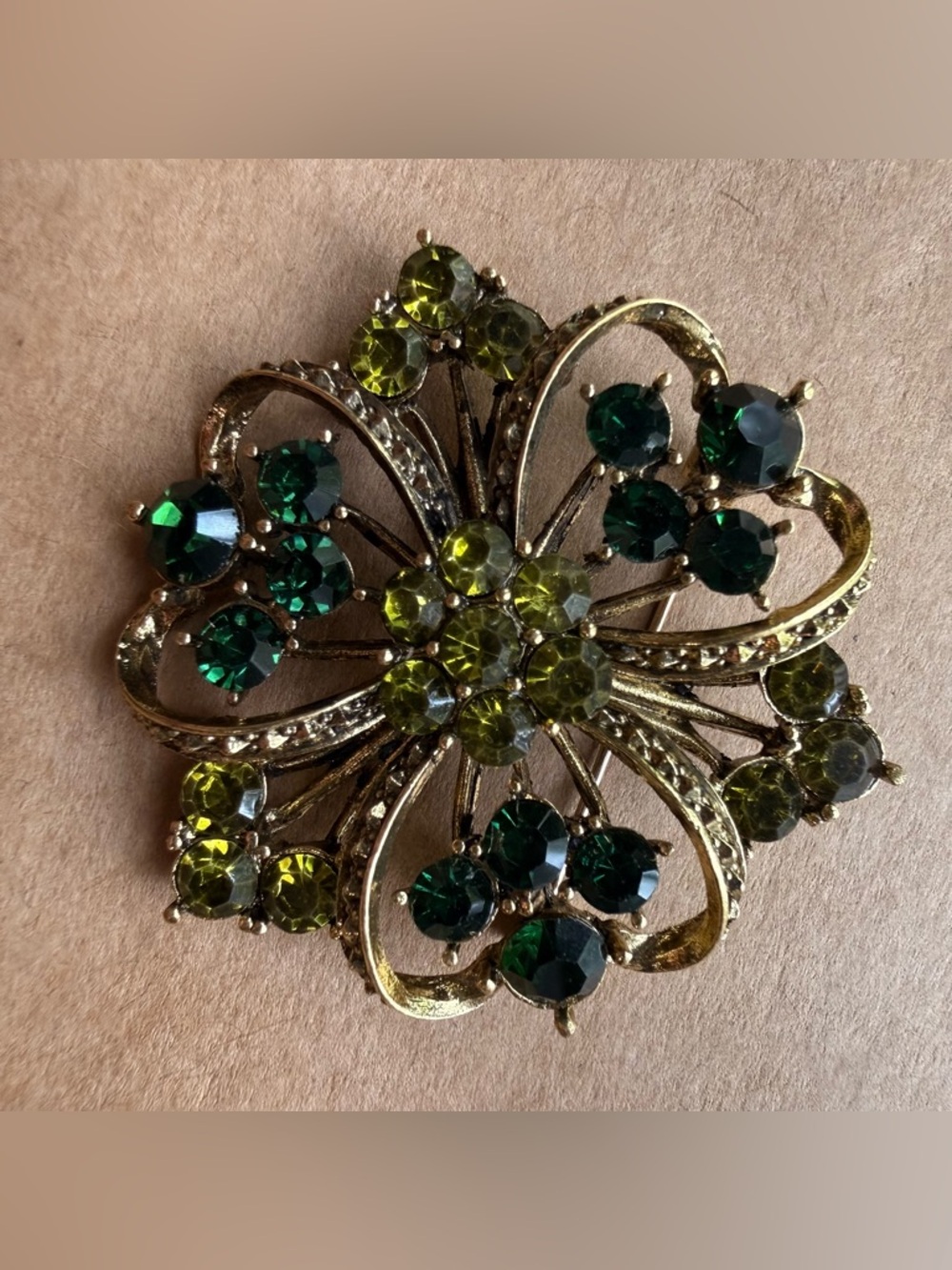 Antique Gold-Tone Green Crystal Floral Brooch
